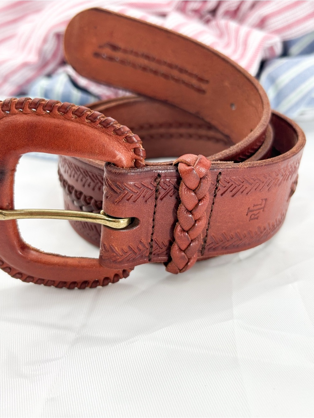 Vintage Ralph Lauren Belt Tooled Leather Western Braided Embossed Small - Picture 3 of 13